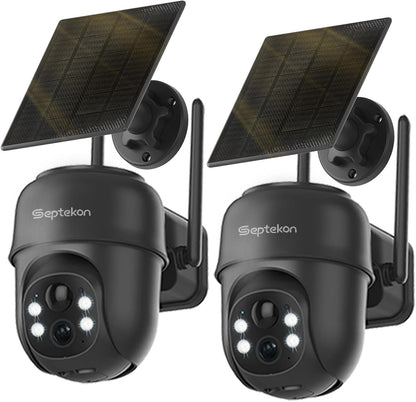 Septekon 2K Solar Security Cameras Wireless Outdoor 2 Pack, 360°PTZ Battery Powered Outdoor Camera, 2.4G WiFi Camera with Spotlight Color Night Vision, Motion Sensor Alarm, IP66, Black