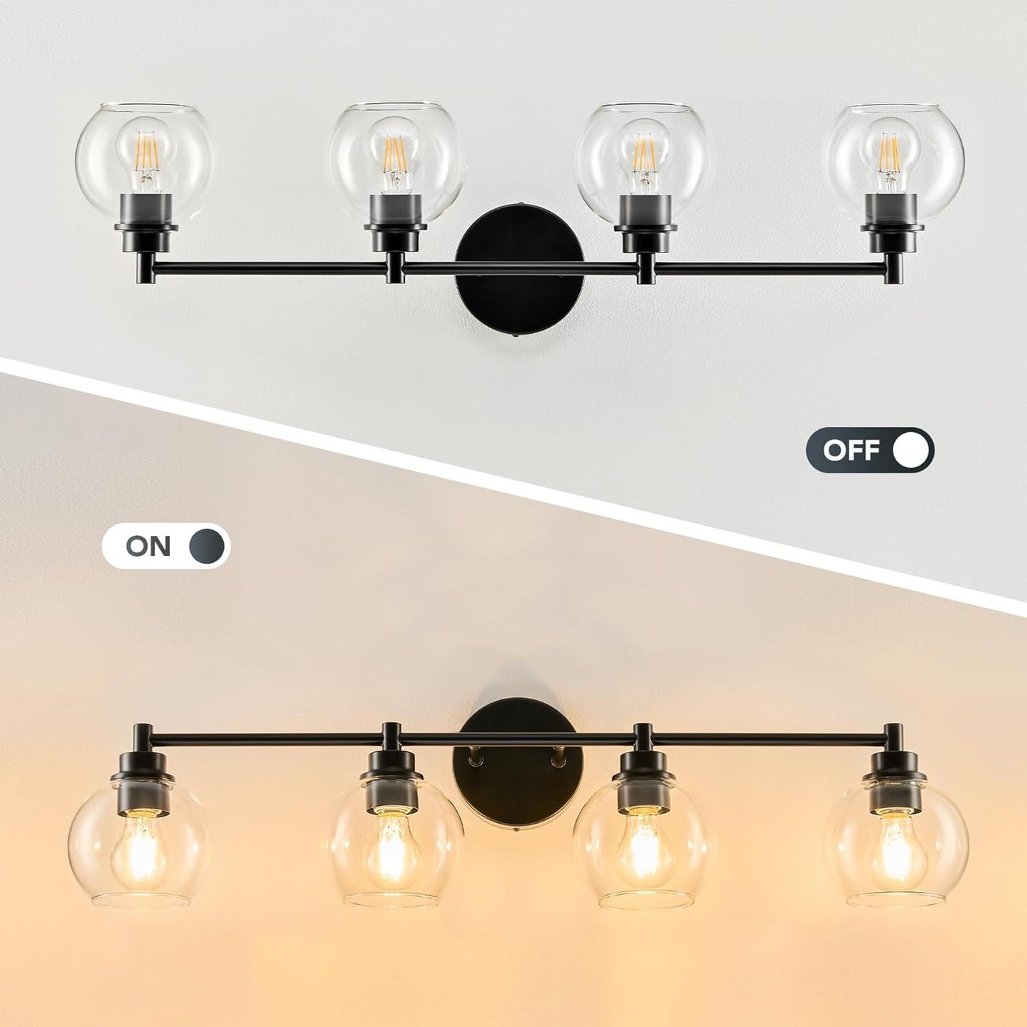 VONLUCE Bathroom Light Fixtures, 4-Light Bathroom Vanity Light with Globe Glass Shades E26 Sockets, Bathroom Lights Over Mirror for Bedroom Hallway Living Room, Black Finish
