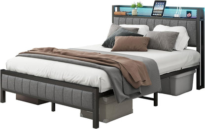 VERFARM Double Bed Frame with LED Lights Storage Headboard and USB Charging Station,Metal Upholstered Platform Bed Frame Double with Storage No Box Spring Needed,Strong Steel Slats,Noise Free,Grey