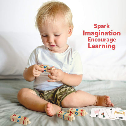 Coogam Wooden Reading Blocks Short Vowel Rods Spelling Games, Flash Cards Turning Rotating Letter Puzzle for Kids, Sight Words Montessori Spinning Alphabet Learning Toy for Preschool Boys Girls