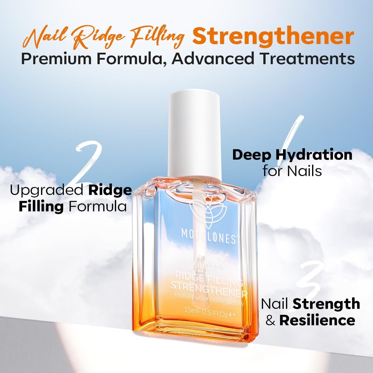Modelones 15ml 8-in-One Nail Ridge Filler Strengthener Base Coat Nail Polish Repair Nail Growth Treatment for Thin and Damaged Nails, Crystal Clear