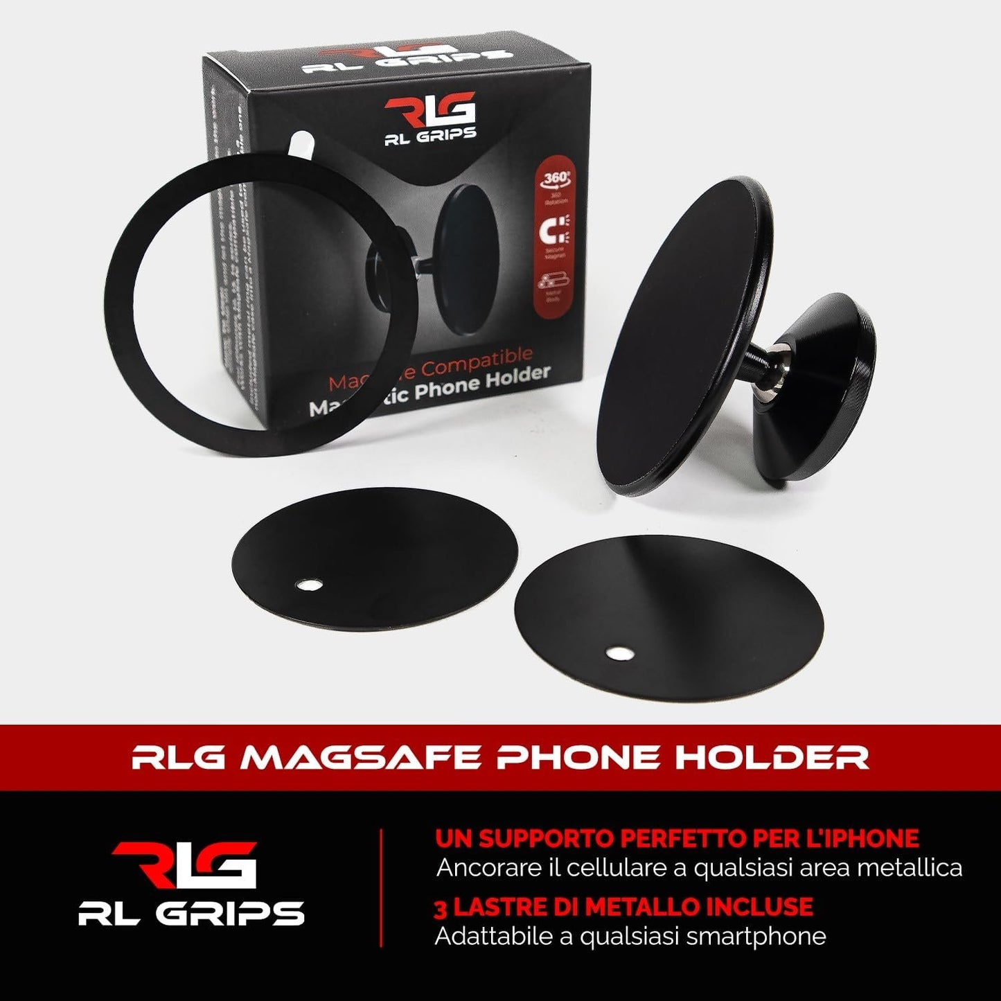 RL Grips® Magnetic Gym Mount with Dual Magnet Compatible MagSafe - Gym Magnet for iPhone with 360º Rotation with 3 Metal Stickers - Phone Holder for Cars and Macchi