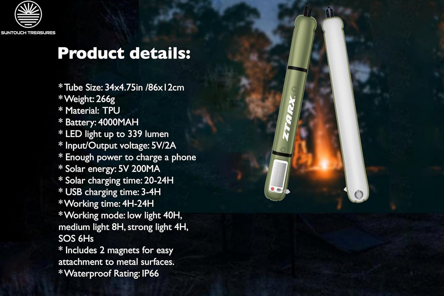 Inflatable Solar Tube Lantern – Solar and USB Rechargeable, 4 Lighting Modes, IP66 Waterproof Light Bar with Power Bank, Portable Tent Light for Outdoor Camping, Hiking and Emergency Use Indoor