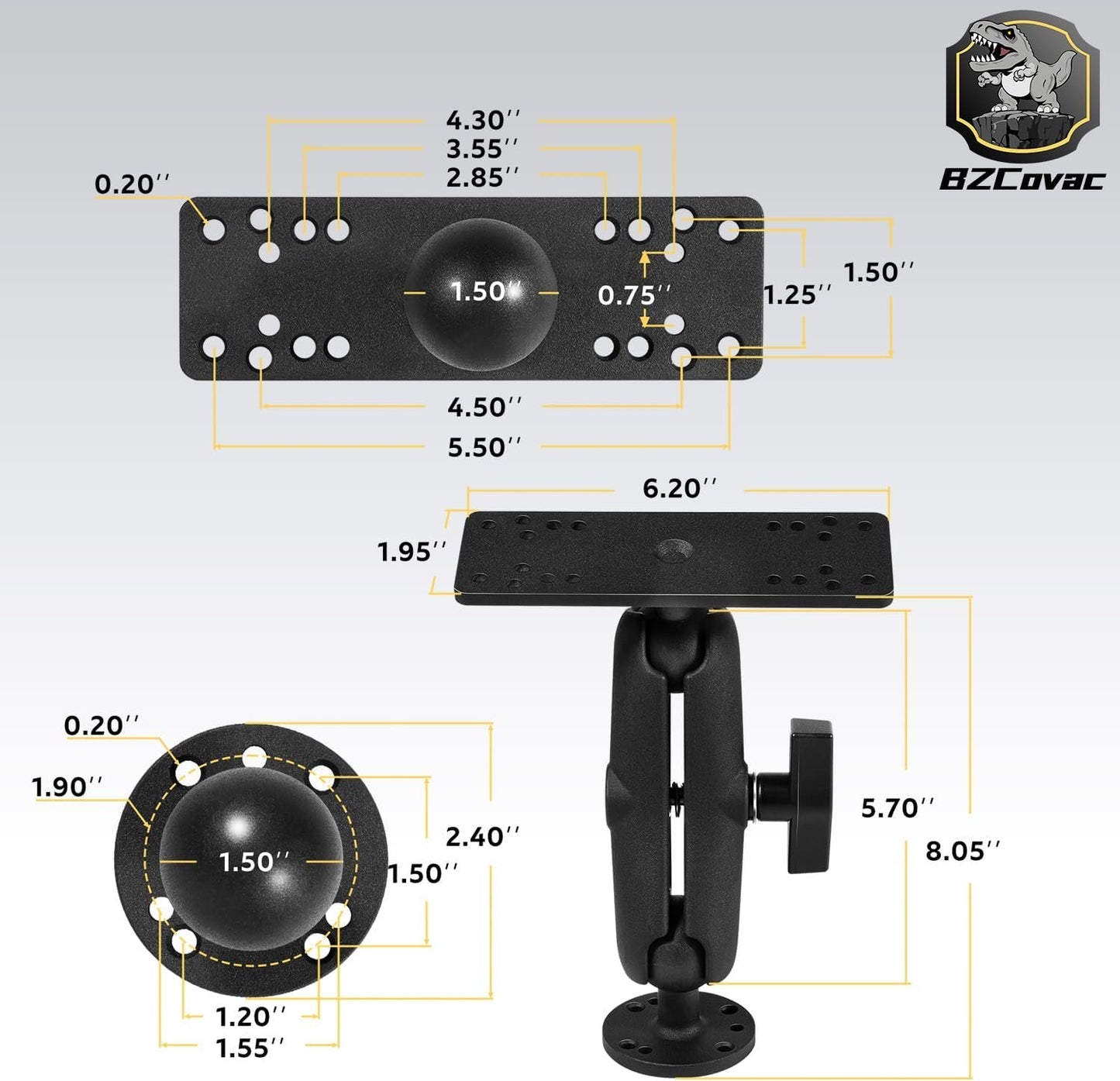 Aluminum Fish Finder Gimbal Mount with 1.5" / C Size Ball for Garmin, Lowrance, Humminbird & More - 360° Rotation & ±90° Tilt Adjustable Marine Electronics Depth Finder Mount