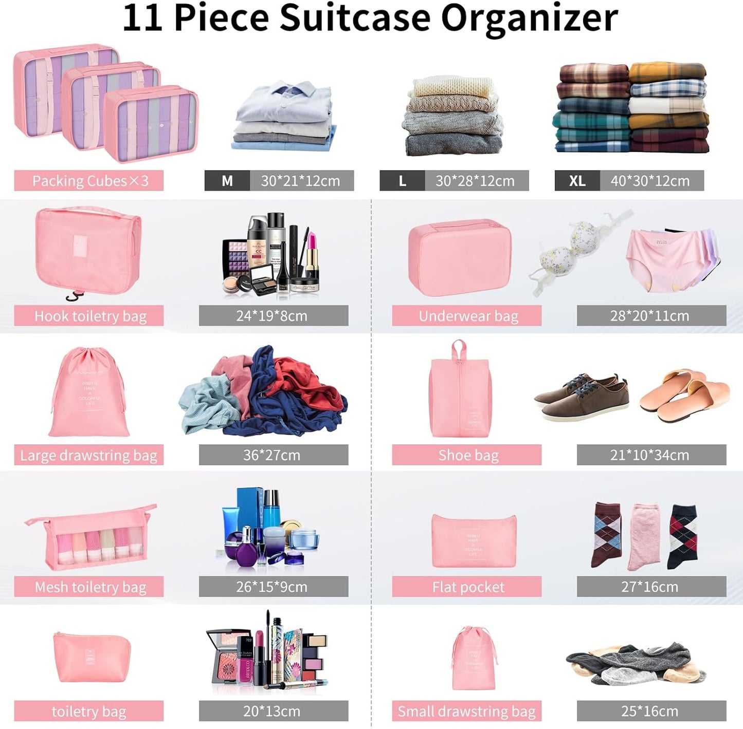 Coolzon Packing Cubes Travel Suitcase Organizer Set of 11, Compression Luggage Organizer Space-Saving for Clothes, Ultralight, Shoes, Underwear, Black, pink