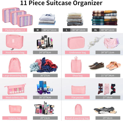 Coolzon Packing Cubes Travel Suitcase Organizer Set of 11, Compression Luggage Organizer Space-Saving for Clothes, Ultralight, Shoes, Underwear, Black, pink