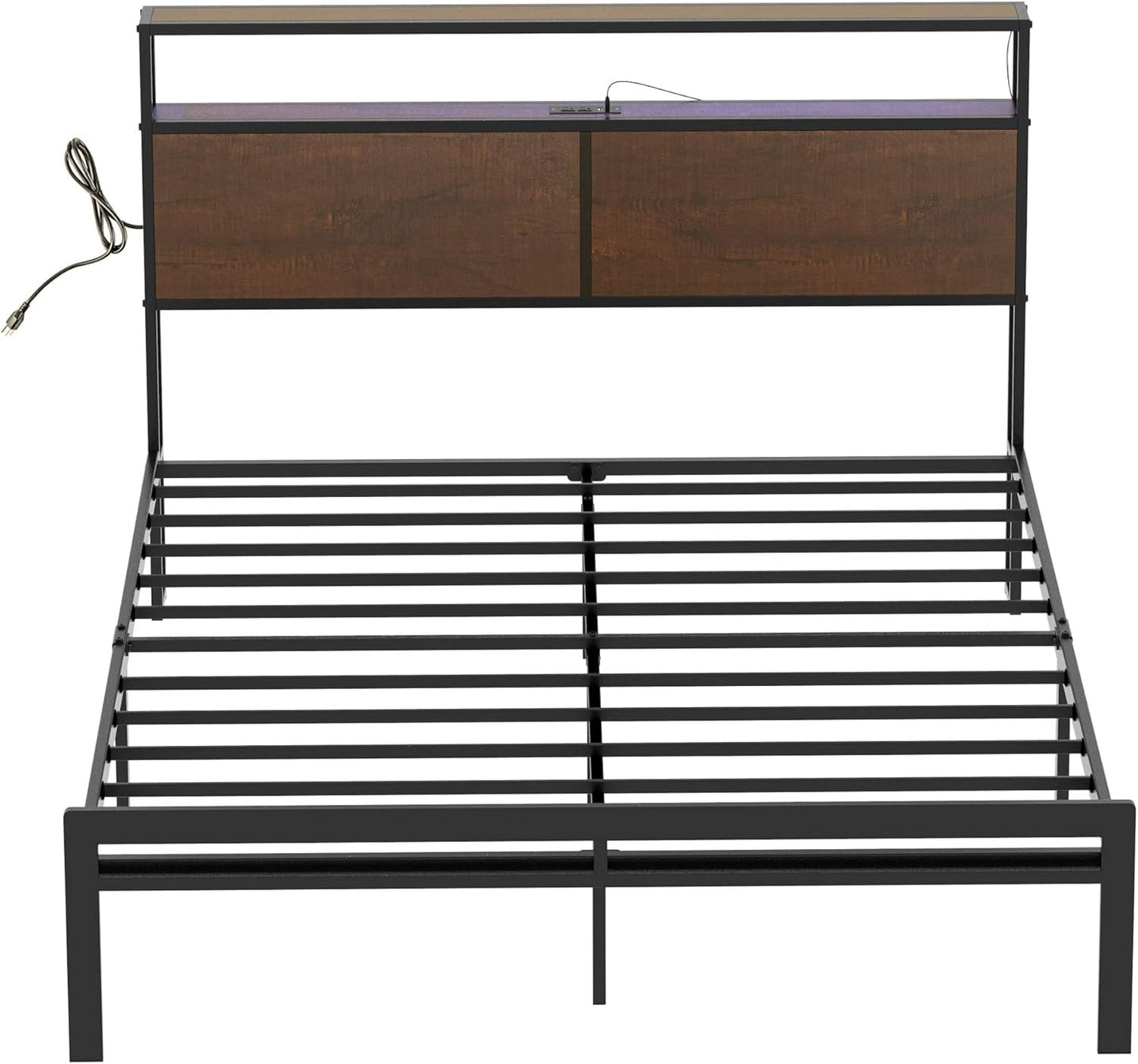HAUSOURCE Queen Bed Frame with Storage Headboard Bed Frame Queen Size Metal Platform Bed with LED Lights USB Ports & Outlets Non-Slip Without Noise Strong Metal Slats Support No Box Spring Needed