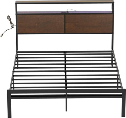 HAUSOURCE Queen Bed Frame with Storage Headboard Bed Frame Queen Size Metal Platform Bed with LED Lights USB Ports & Outlets Non-Slip Without Noise Strong Metal Slats Support No Box Spring Needed