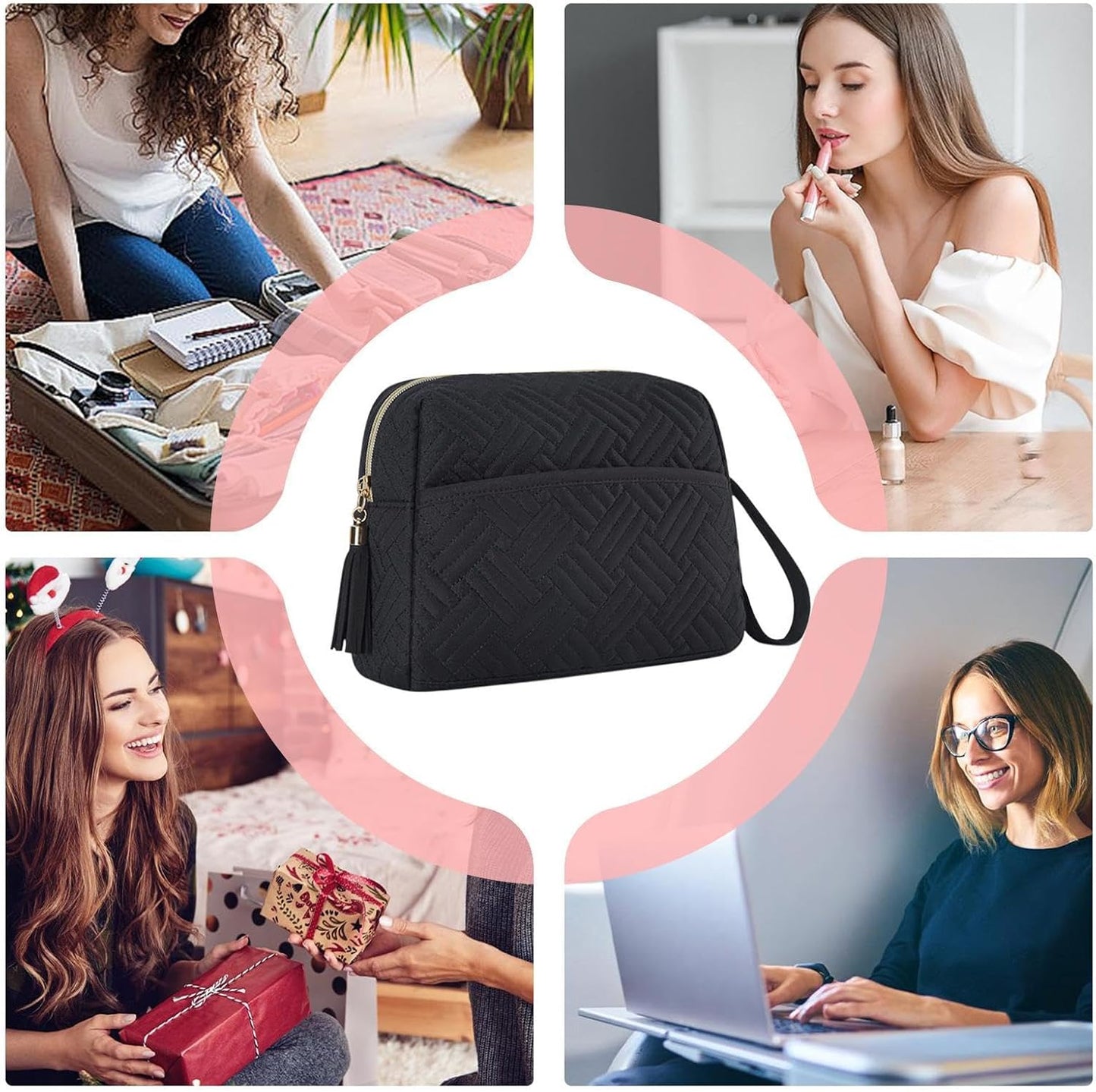 Large Capacity Makeup Bag, Waterproof Cosmetic Organizer with Strap, Travel Toiletries Pouch for Beauty Necessities, Brushes, Accessories, and Daily Use, Black, Please refer to description