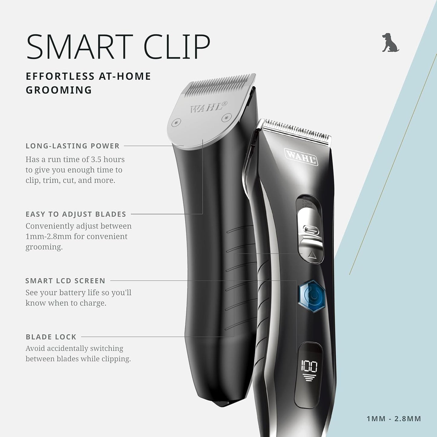 Wahl Pro Animal Smart Clip - Effortless at-Home Grooming - Cordless Clipper with LCD Screen - Rechargeable Battery - Supports Adjustable Cutting Length - Quiet Grooming Tool