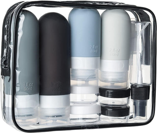 DEPOZA 16 Pack Travel Bottles Set - TSA Approved Leak Proof Silicone Squeezable Containers for Toiletries, Conditioner, Shampoo, Lotion & Body Wash Accessories (16 pcs/Black Pack)