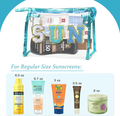 COSHAYSOO Clear Makeup Bag Sunscreen Pouch with Letter Patches Summer Beach Essential Stuff Accessories Birthday Christmas Gifts for Women Mom Teacher Nurse, Blue-SUN, Preppy