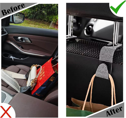 OSIFIT 4PCS Car Seat Hooks, Bling Car Rhinestone Headrest Hooks, Universal Bling Car Interior Accessories, for Handbag, Clothes, Purse, Water Bottle (Black)