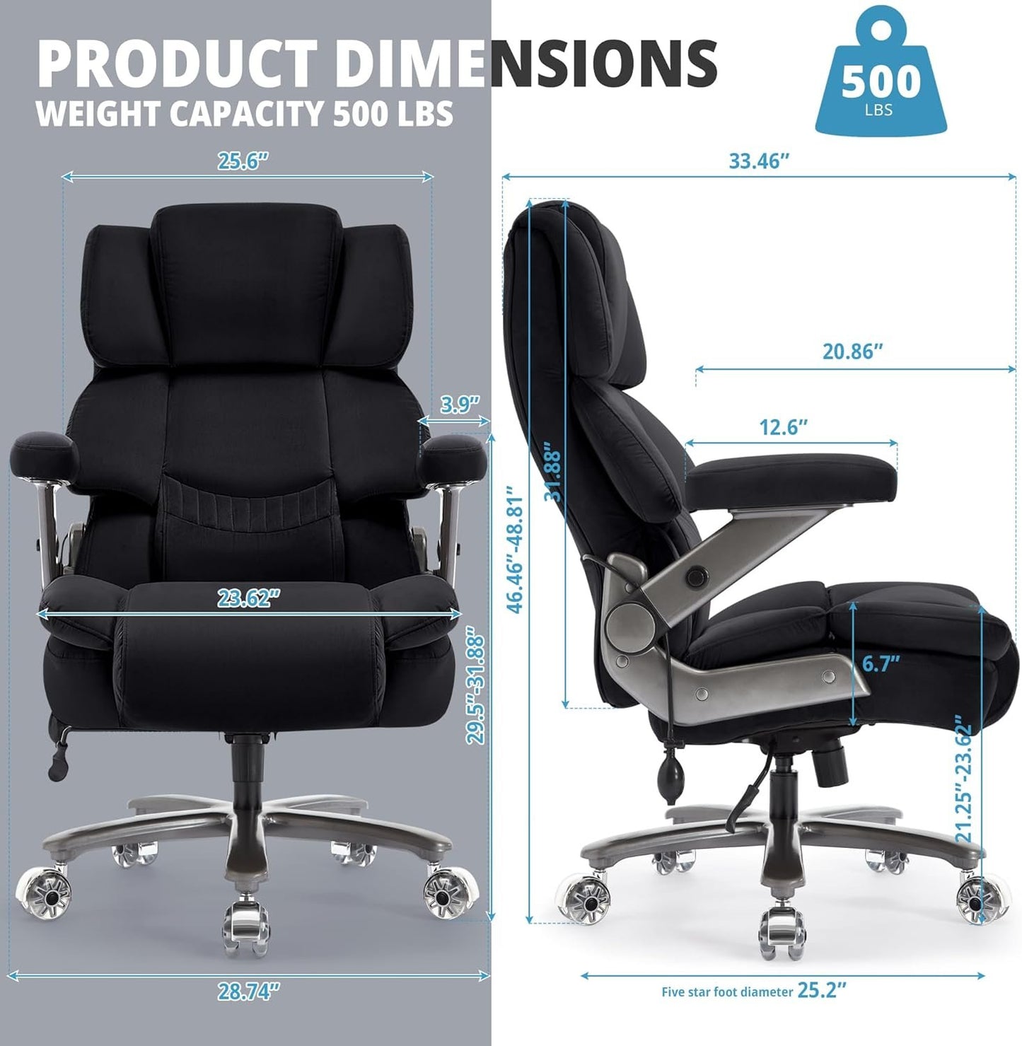 Big and Tall Office Chair 500lbs- Fabric High Back Desk Chair with Adjustable Lumbar Support 3D Flip Arms Plus Size Rubber Wheels- Large Executive Computer Chair, Extra Wide Seat, Ergonomic Design