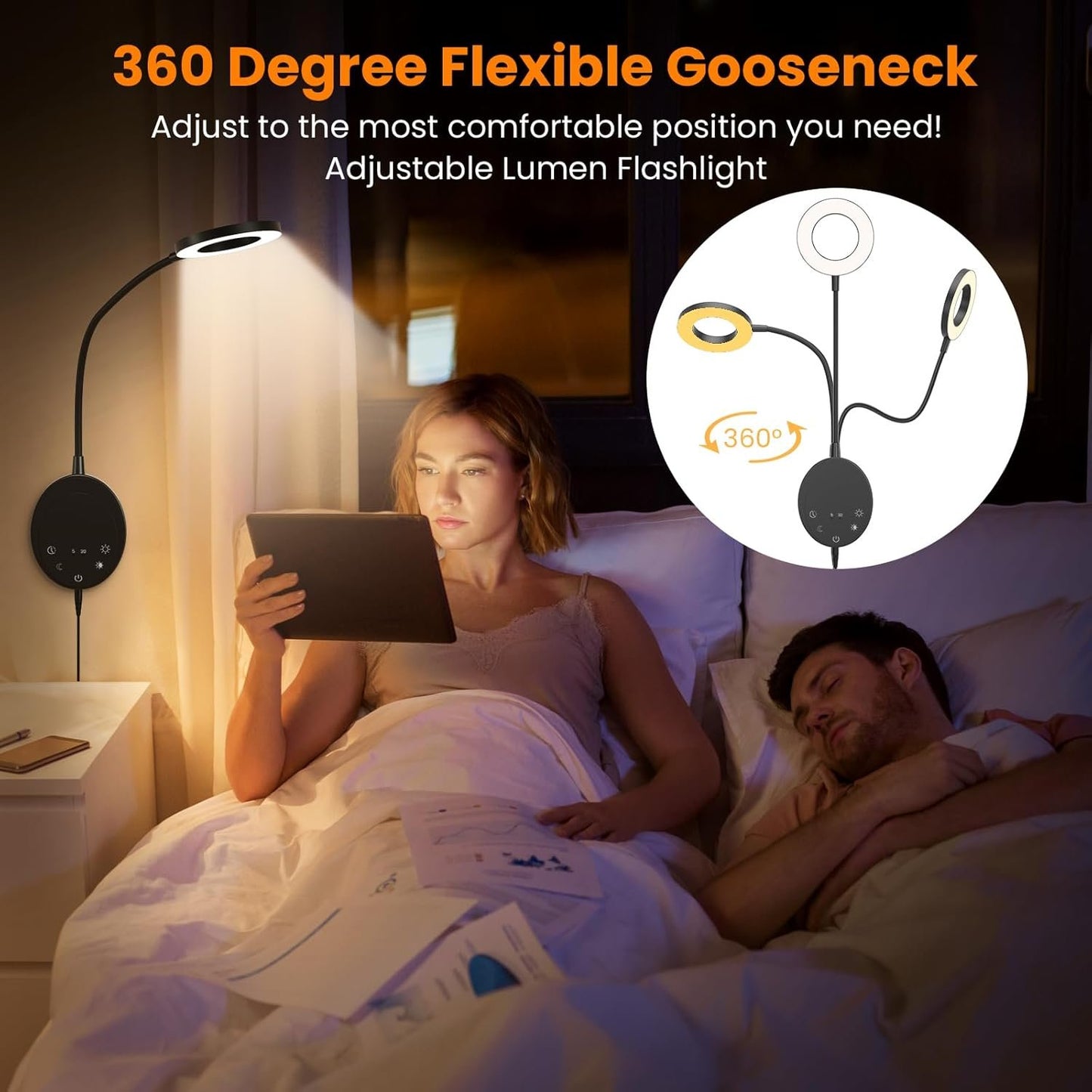 Wall Mounted Reading Light,NoeiiT Book Lights with 5 Dimming,Bedside Headboard Lights Flexible Gooseneck,USB Output,Night Light & Timers Function（5/30 min, 3000K-6500K Upgrade LED Bed Lamp Black