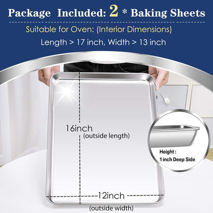 P&P CHEF 16 Inch Large Baking Sheet Set of 2, Stainless Steel Cookie Sheet, Baking Pan Bakeware Set, Heavy Duty & Healthy, Oven & Dishwasher Safe
