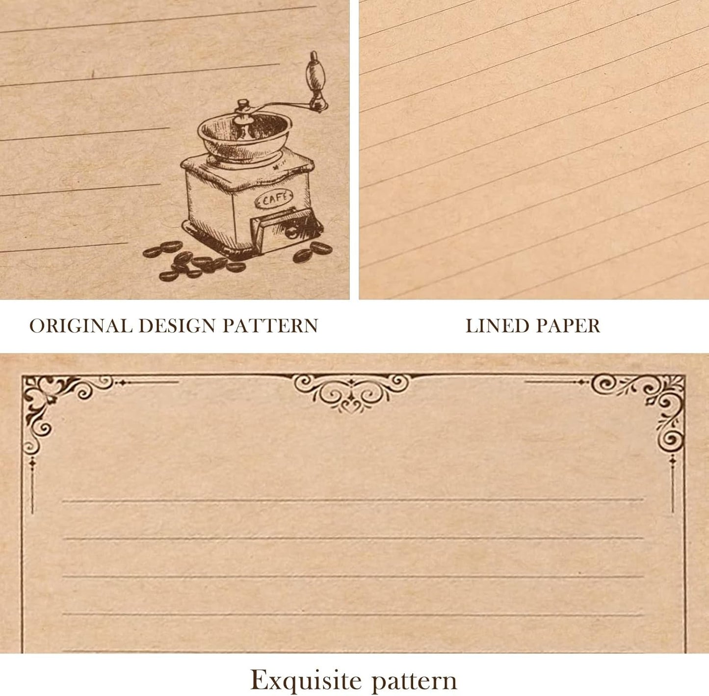 OFNMY 5 Sets of Vintage Stationary Paper + Envelopes, Writing Stationery Paper Letter Set - 20 Sheets of Vintage Letter Papers, 10 envelopes, 10 Hemp Ropes, 10 Classic Key, 10 Sealing Stickers
