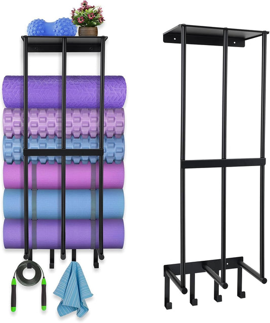 DNYLHRLZ Yoga Mat HolderYoga Mat Holder Wall MountHome Gym Accessories Organizer,Towel Storage Rackwith 4 Hooks for Hanging Foam Roller and Resistance Bands Gym Organization for Home Gym