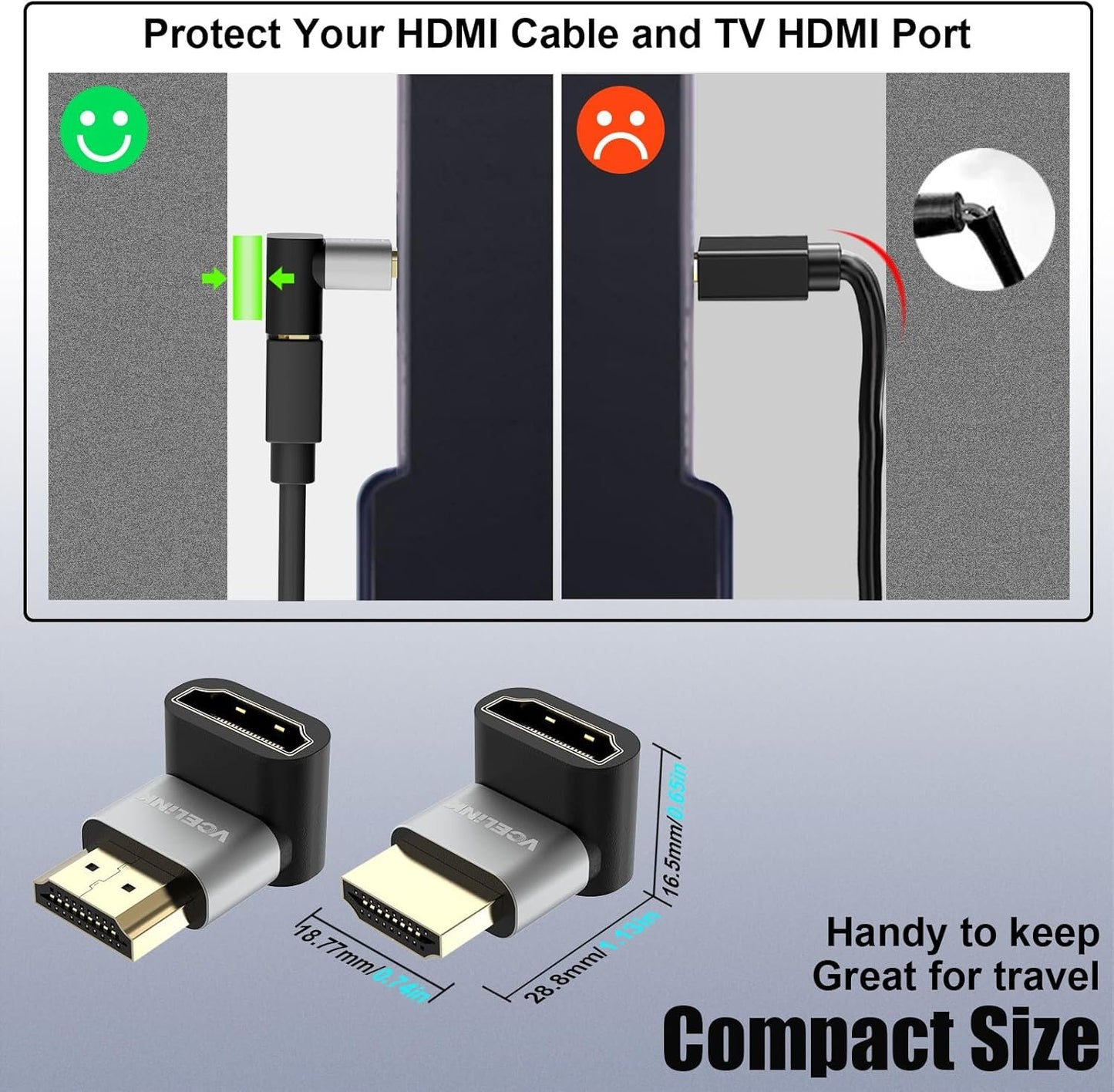 VCELINK 8K HDMI Male to Female Adapter, HDMI Right Angle Connector, HDMI 90 and 270 Degree Adapters, HDMI 2.1 Support 8K@60Hz, 4K@120Hz HDR, Dolby, eARC, 3D, for TV, Laptop, Monitor, DVR Player