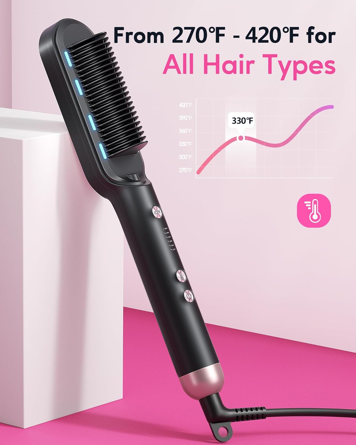 Wavytalk Hair Straightener Brush,Sleek Sweep Ionic Straightening Brush with 6 Temperature Adjust, Anti-Scald Ceramic Hair Straightener Comb Fast Heating for Home Salon, Dual Voltage, Rose Gold