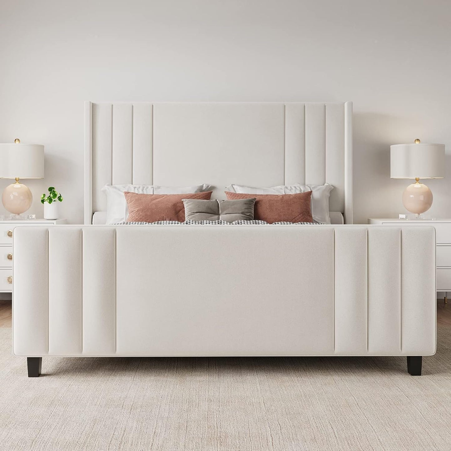 Jocisland Queen Size Platform Bed Frame, Upholstered Bed with Vertical Channel Tufted Wingback Headboard & Footboard, Premium Velvet, No Box Spring Needed, Cream