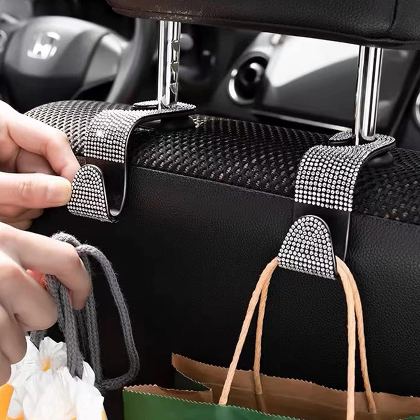 OSIFIT 4PCS Car Seat Hooks, Bling Car Rhinestone Headrest Hooks, Universal Bling Car Interior Accessories, for Handbag, Clothes, Purse, Water Bottle (Black)