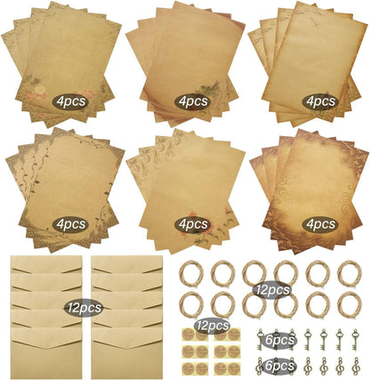 Mililanyo Vintage Paper and Envelopes Set - 24 Sheets Antique Looking Paper & 12 Antique Style Envelopes - Classic Aged Design, 6 Unique Styles - Writing and Printing Paper