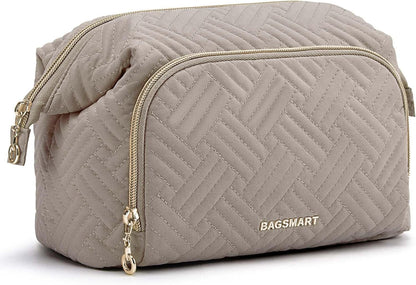BAGSMART Travel Makeup Bag, Cosmetic Bag Make Up Organizer Case,Large Wide-open Pouch for Women Purse for Toiletries Accessories Brushes, Tranquil Gray, Small
