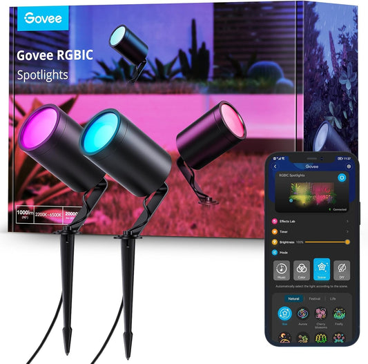 Govee Outdoor Spot Lights, IP65 Waterproof Uplight Spotlights, Patio Decorations, WiFi 24V Low Voltage Landscape Lights Work with Alexa, RGBIC Color Changing for Patio, 2 Pack