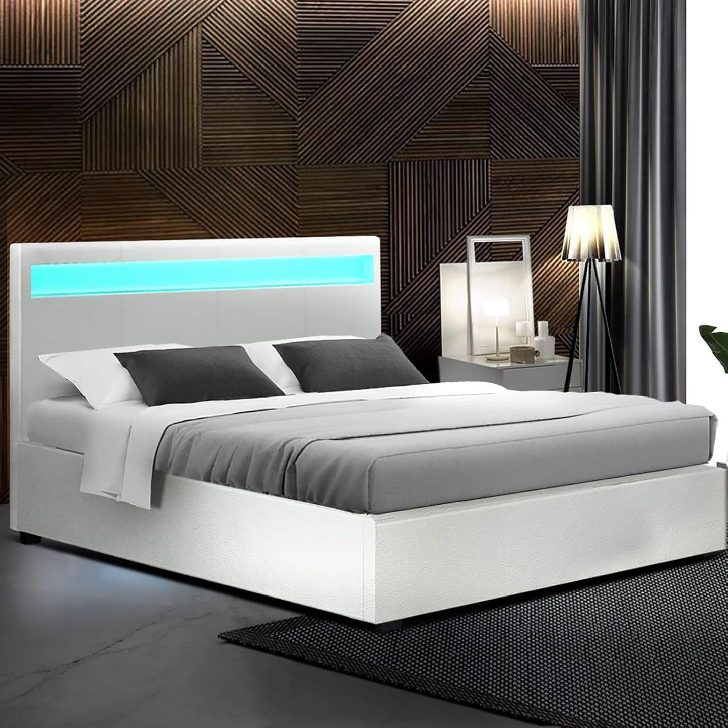 Artiss Double Bed Frame Platform RGB LED Headboard Gas Lift Beds Base with Storage Frames Space Bedroom Room Decor Home Furniture, Upholstered with White PVC Leather + Foam + Wood, Modern Design