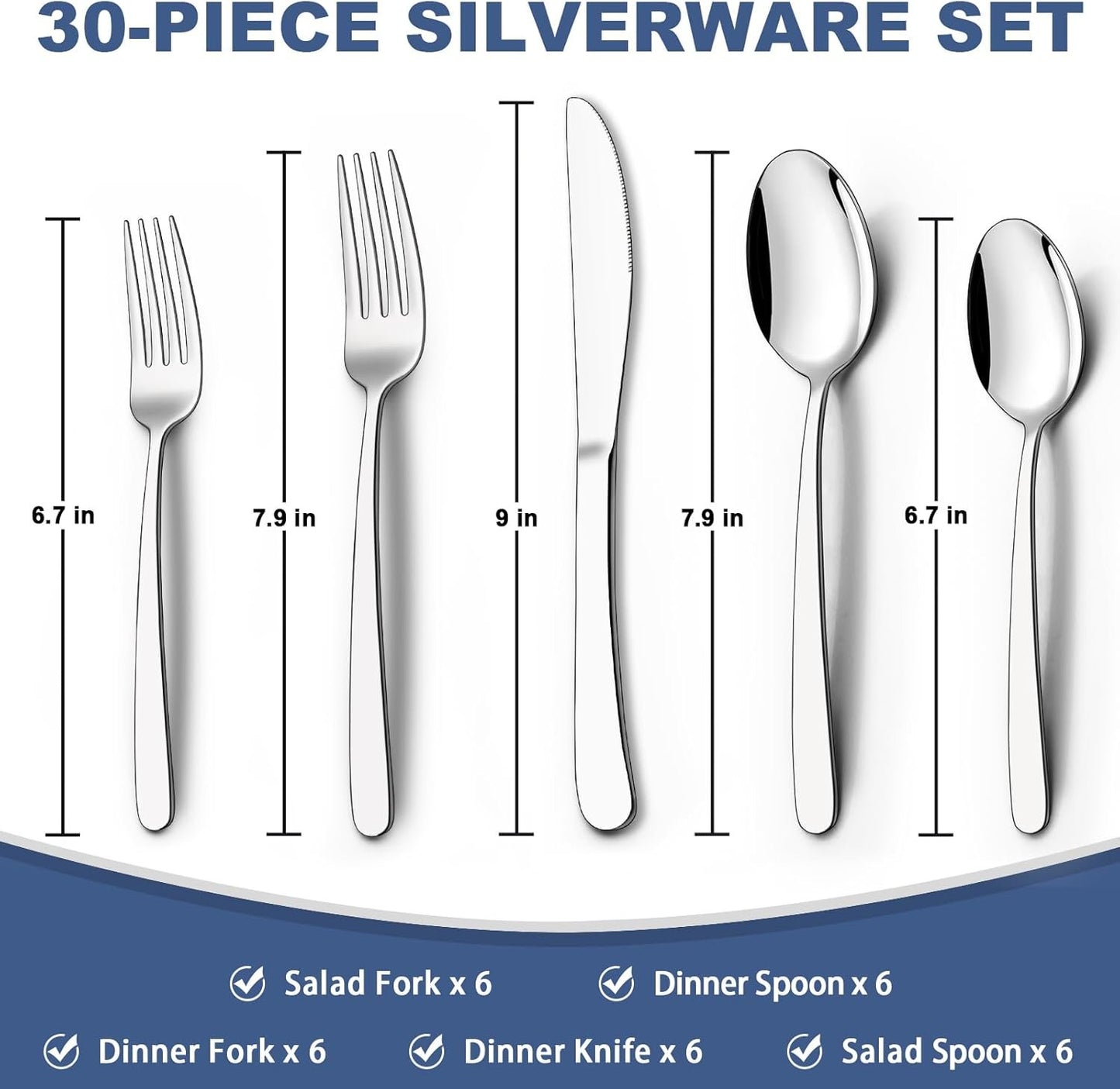30-Piece Silverware Set Service for 6, Wildone Premium Stainless Steel Flatware Set, Mirror Polished Cutlery Utensil Set for Home Restaurant, Include Fork Knife Spoon Set, Durable, Dishwasher Safe