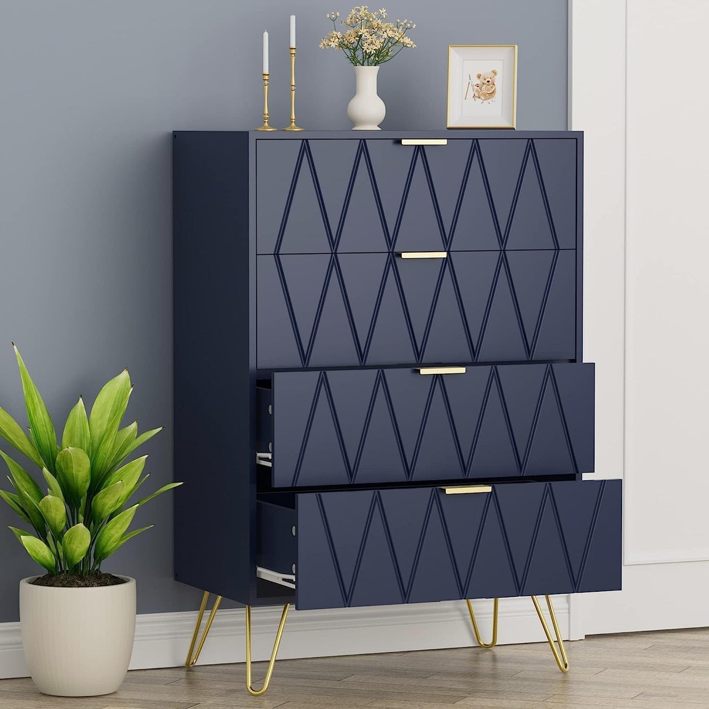 GOOBUY Chest of Drawers with 4 Drawers, Wooden Bedroom Como, Living Room Furniture, Gold Handles and Legs, 34 x 60 x 91 H cm, Blue