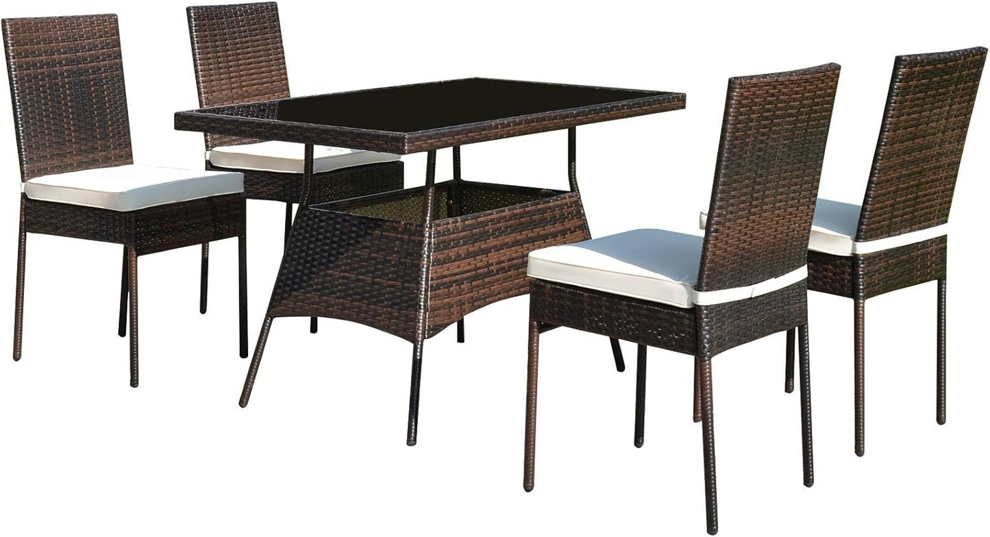 Tangkula 5 Piece Patio Wicker Dining Set, Outdoor Rattan Table and Chairs with w/Tempered Glass Table Top & Padded Cushions, Wicker Patio Conversation Furniture Set for Balcony Patio Garden Poolside