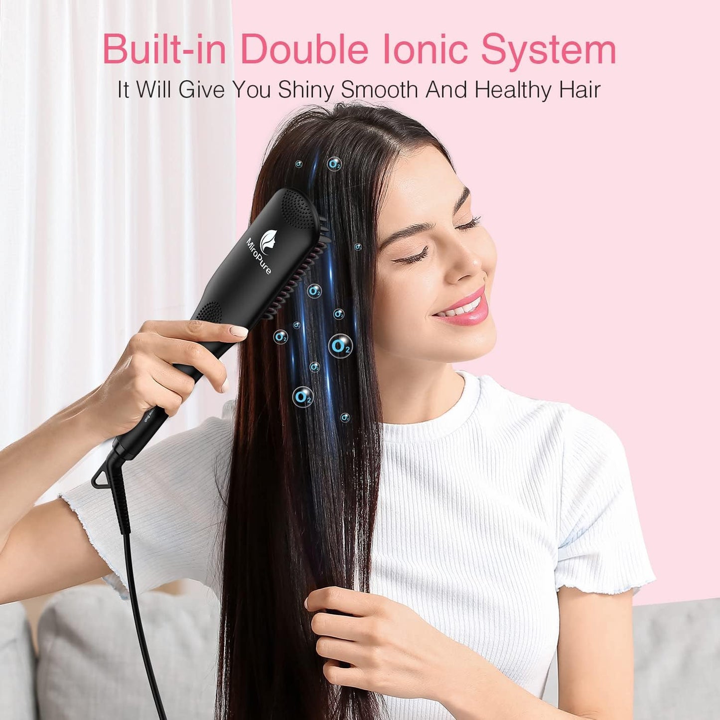 MiroPure 2 In 1 Ionic Hair Straightener Brush With Heat Resistant Glove And Temperature Lock Function (Black)