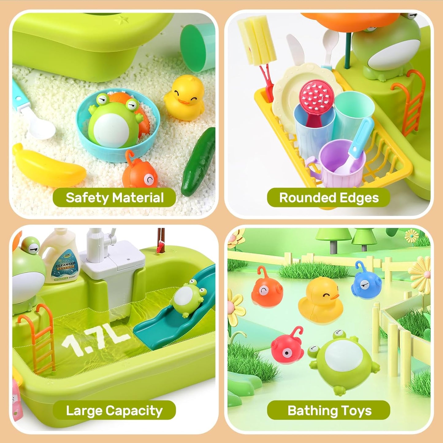 CUTE STONE Play Sink with Running Water, Kitchen Sink Toys with Upgraded Electric Faucet, Play Kitchen Toy Accessories, Pool Floating Fishing Toys for Water Play, Kids Role Play Dishwasher Toy