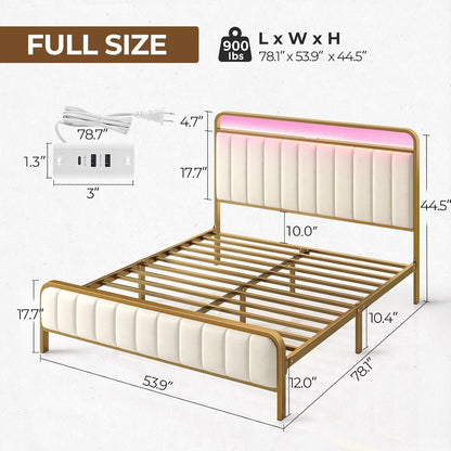 Rolanstar Bed Frame Full Size with Charging Station and LED Light, Upholstered Velvet Bed with Headboard Footboard, Heavy Duty Metal Slat, No Box Spring Need, Noise Free, Easy Assembly, Golden Color