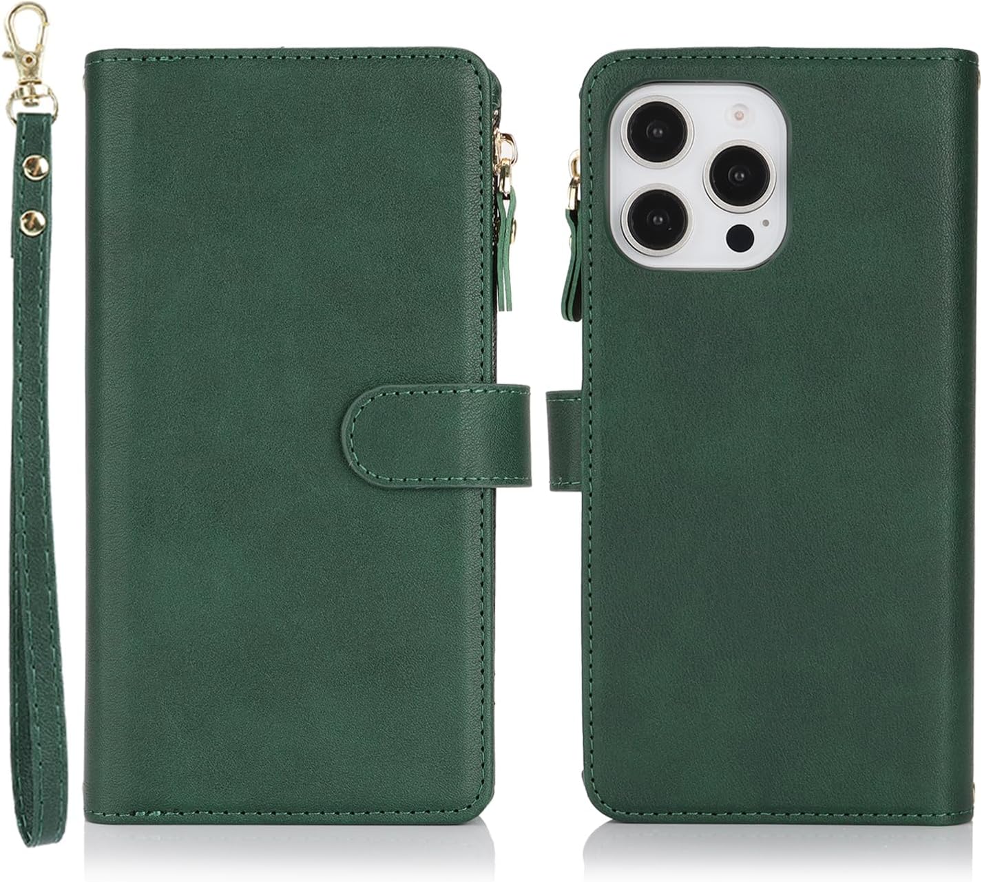 Cavor for iPhone 16 Pro Max Case 6.9 inch PU Leather Folio Flip Wallet Back Cover Magnetic Case with Long Shoulder Lanyard Zipper Coin Purse 9 Card Holder Kickstand Wristlet Strap-Green