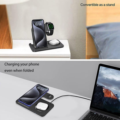 3 in 1 Wireless Charger Charging Station Foldable 15W Fast Charge Stand for iPhone 16 15 14 13 12 11 Pro Max XS XR 8 Plus,AirPods Pro2/4/3/2,Apple Watch Series 10/Ultra 2/9/8/7/6/SE/5/4/3/2,Black