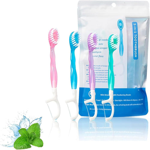 5 in 1 Mini Toothbrush & Floss & Tongue Scraper & Toothpick Set, Portable Oral Care for Travel Work, Disposable Toothbrushes with Toothpaste, 26pcs Individual Packs for Travel, Work (1 Bag(26 Pcs)