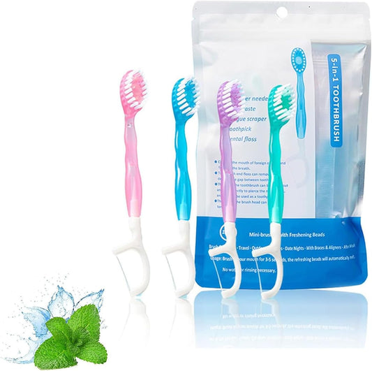 5 in 1 Mini Toothbrush & Floss & Tongue Scraper & Toothpick Set, Portable Oral Care for Travel Work, Disposable Toothbrushes with Toothpaste, 26pcs Individual Packs for Travel, Work (1 Bag(26 Pcs)
