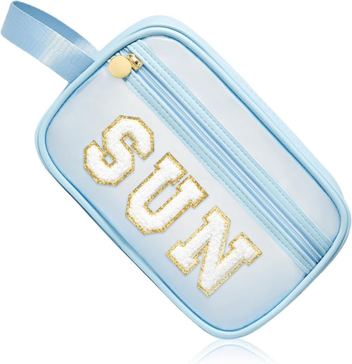 COSHAYSOO Clear Sunscreen Bag Makeup Toiletries Pouch Beach Vacation Essentials Summer Travel Stuff Accessories Personalized Graduation Gifts for Her Women College Teen Girls Teacher Nurse Blue SUN