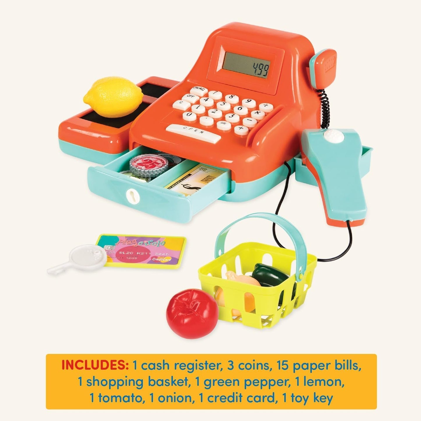 Battat Cash Register Toy Playset – Pretend Play Kids Calculator Cash Register with Accessories for 3+ (26-Pieces) (BT2666Z)