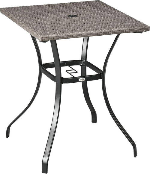 Outsunny Patio Wicker Dining Table with Umbrella Hole, 34 Inch Outdoor PE Rattan Coffee Table with Plastic Board Under The Woven Table Top for Patio, Garden, Balcony, Light Grey
