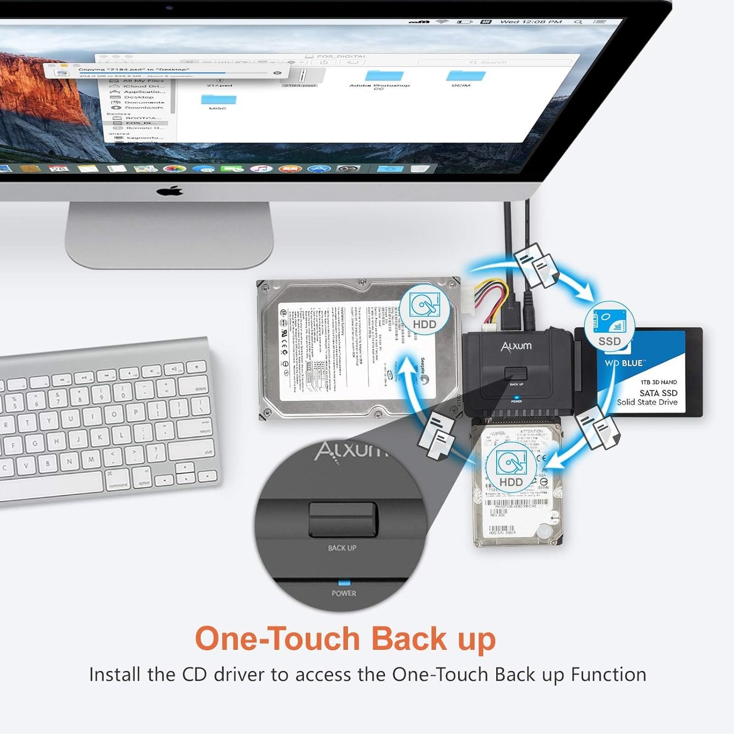 Alxum USB 3.0 to IDE SATA Adapter, Hard Drive Reader for Universal 2.5/3.5 IDE Hard Drive & SATA HDD SSD, Support One Touch Backup and Max 18TB, with 12V 2A Power Adapter & USB A Cable 80cm