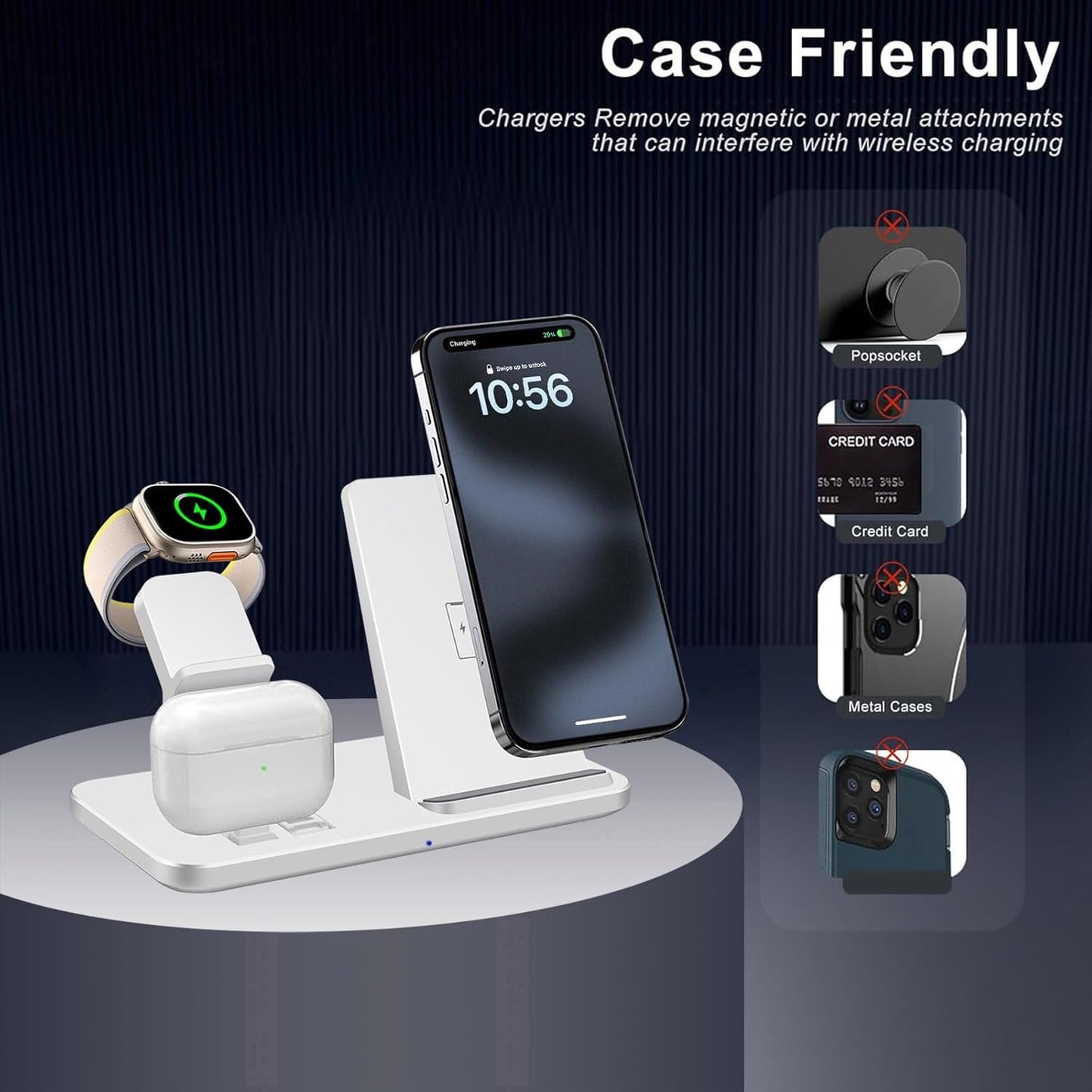 Wireless Charging Station 3 in 1 Wireless Charger for iPhone 16 15 14 13 12 11 Pro Max, Magnetic Charger Compatible with Apple Watch 10/Ultra 2/9/8/7/SE/6/5/4/3/2,Charging Dock for Airpods4/Pro/3/2