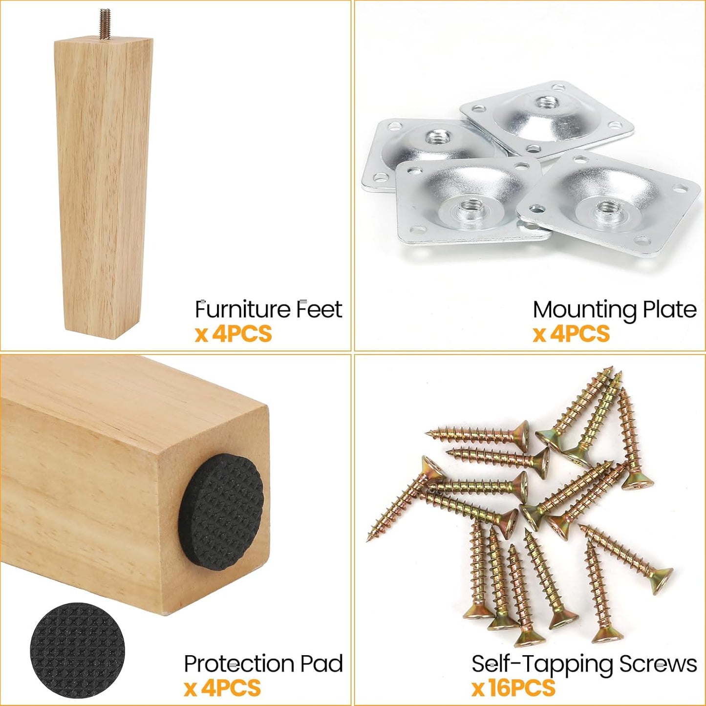 Luabue 4 Pieces Wooden Furniture Feet 20 cm Square Wooden Legs for Cabinet Sofa Bed Table with Mounting Plate, Non-Slip Pad and Screws