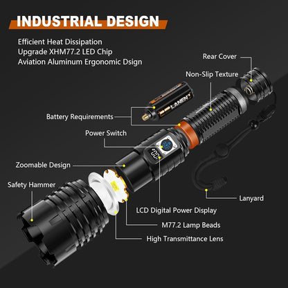 Shadowhawk Flashlights Rechargeable 500000 High Lumens, Tactical Led Flashlight with LCD Display XHM77.2 Flash Light, Brightest Flashlight Powerful Lampe De Poche for Camping Emergency Gift