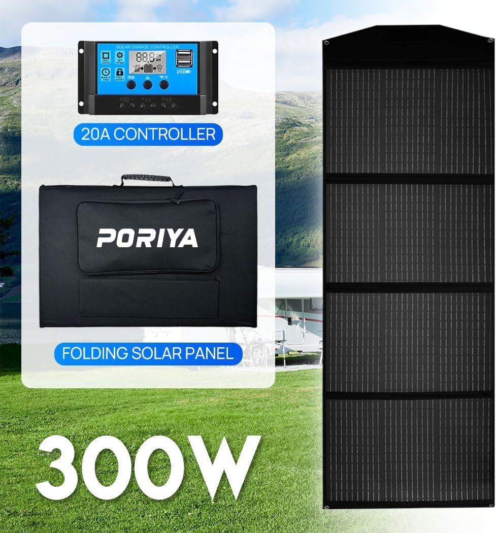 300W Portable Solar Panel 18V, Foldable USB Solar Panel Charger, IP65 Waterproof, USB Output, Portable Solar Charger Monocrystalline Compatible with Smartphone Tablets for Outdoor Activities