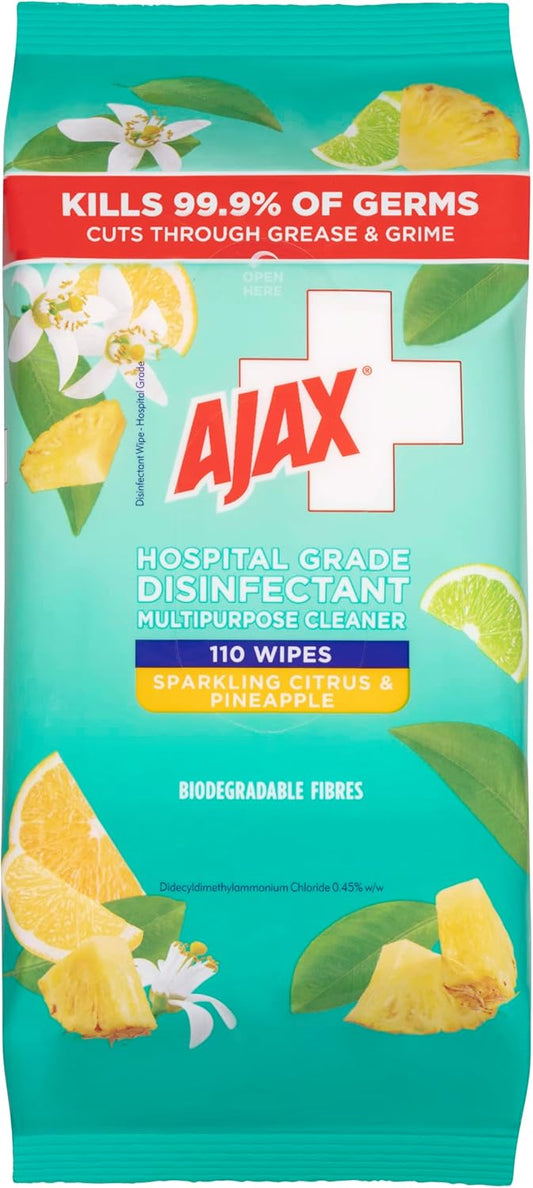 Ajax Hospital Grade Disinfectant Multipurpose Cleaner Wipes Sparkling Citrus & Pineapple 110 Pack