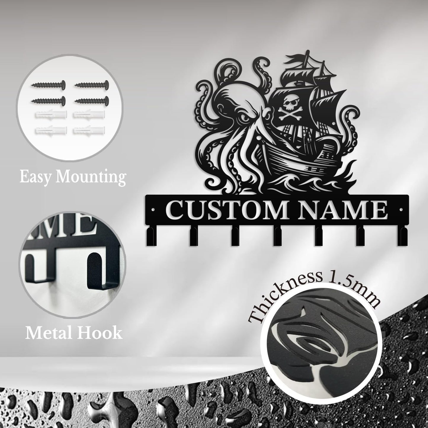 Casebrick Custom Pirate Metal Wall Hooks,Key Holder- Personalized Iron Wall Decor for Keys, Coats & Home Organization (Black, Decorative Wall Hooks for Entryway, Bedroom, Office) (Style A)